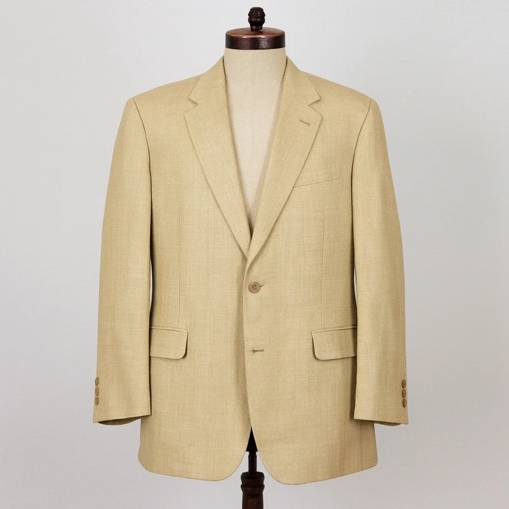 Hart Schaffner Marx Mens 44L Silk Comfort Blazer Jacket Tan Herringbone Made USA